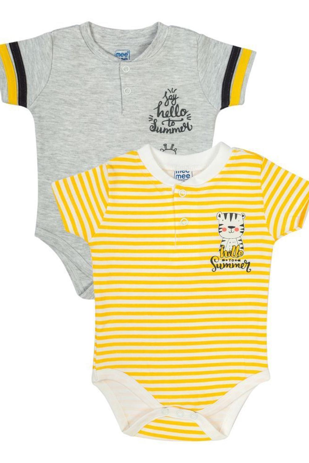 Mee Mee Kids Stripe & Solid Bodysuit Pack Of 2 - Yellow & Light Grey Melange